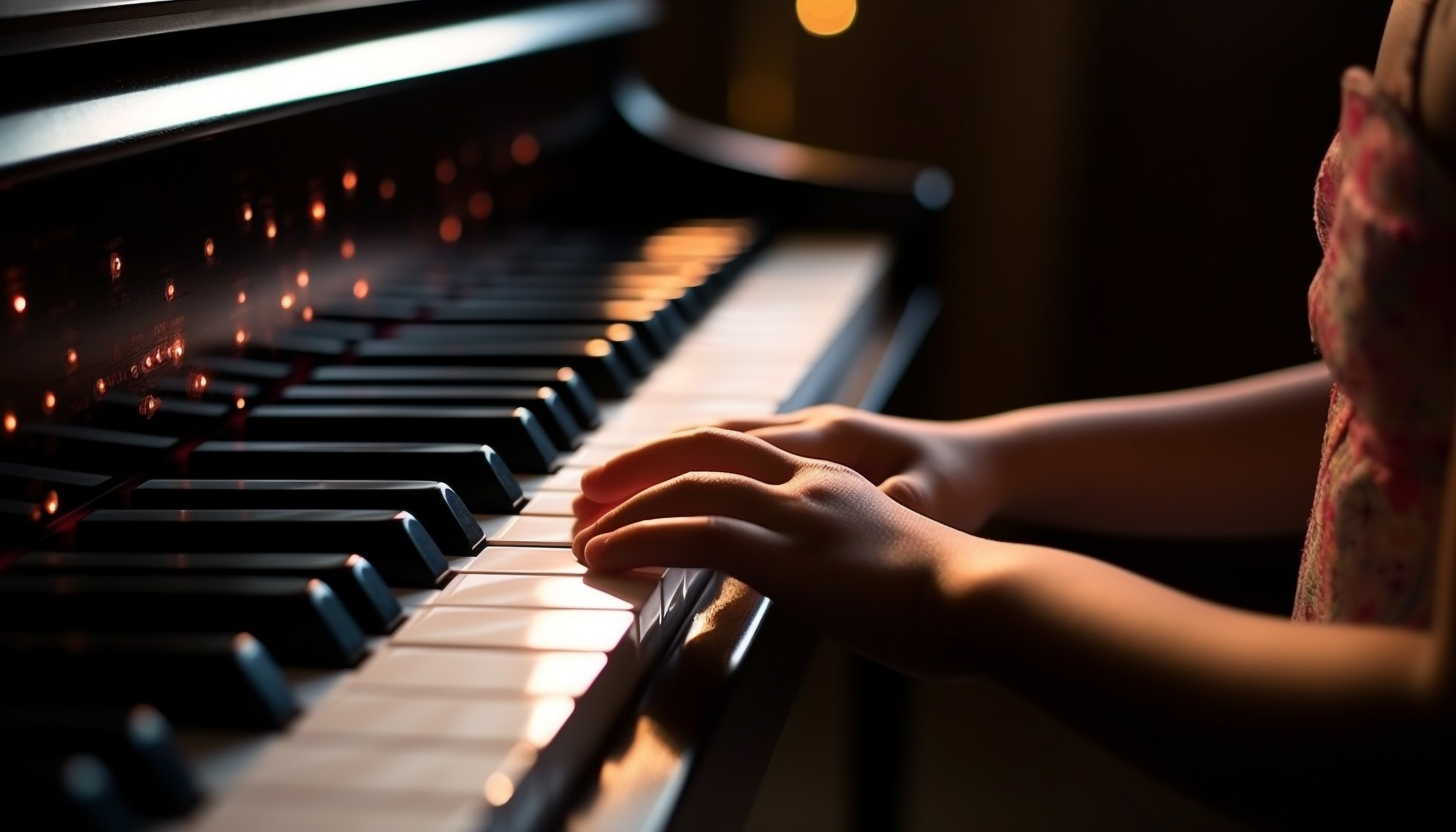 pianista infantil praticando a habilidade de acordes de perto gerada pela ia